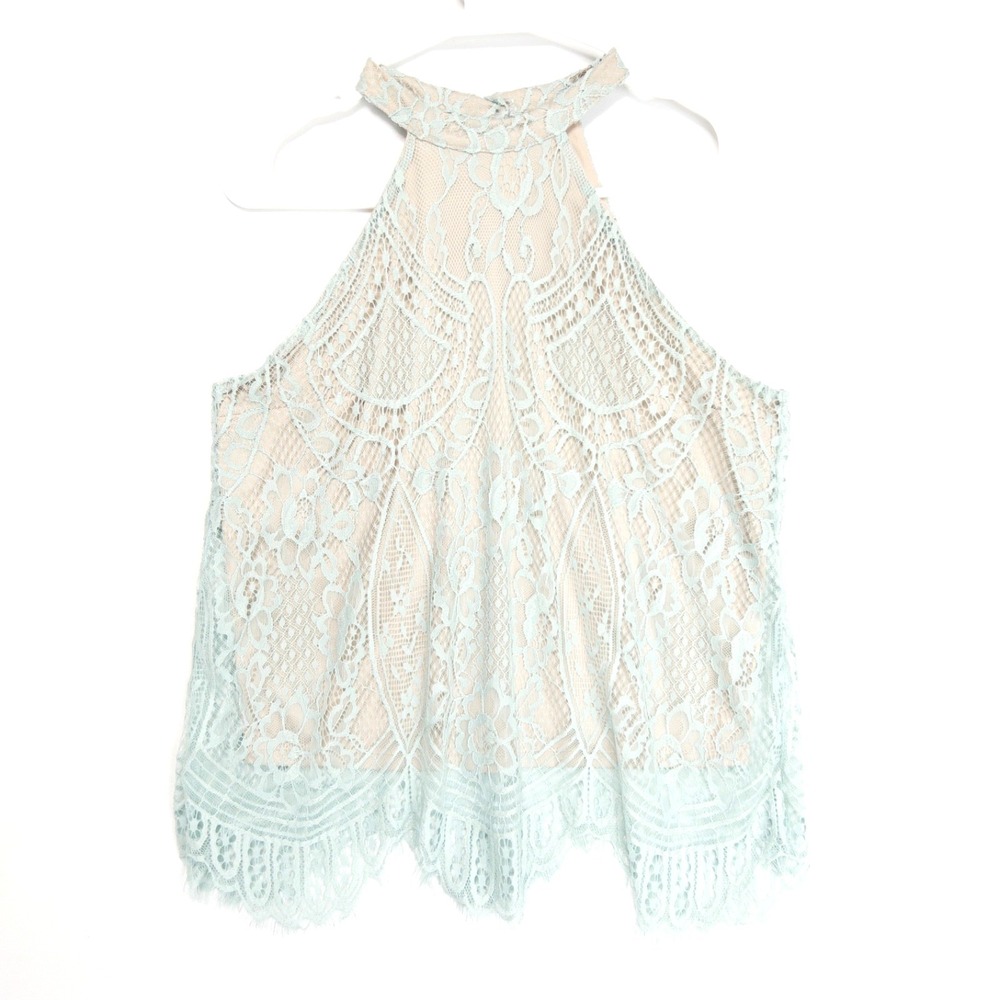 Love Fire Nude Illusion Sheer Crochet Lace Overlay Halter Mock Neck Top Womens M